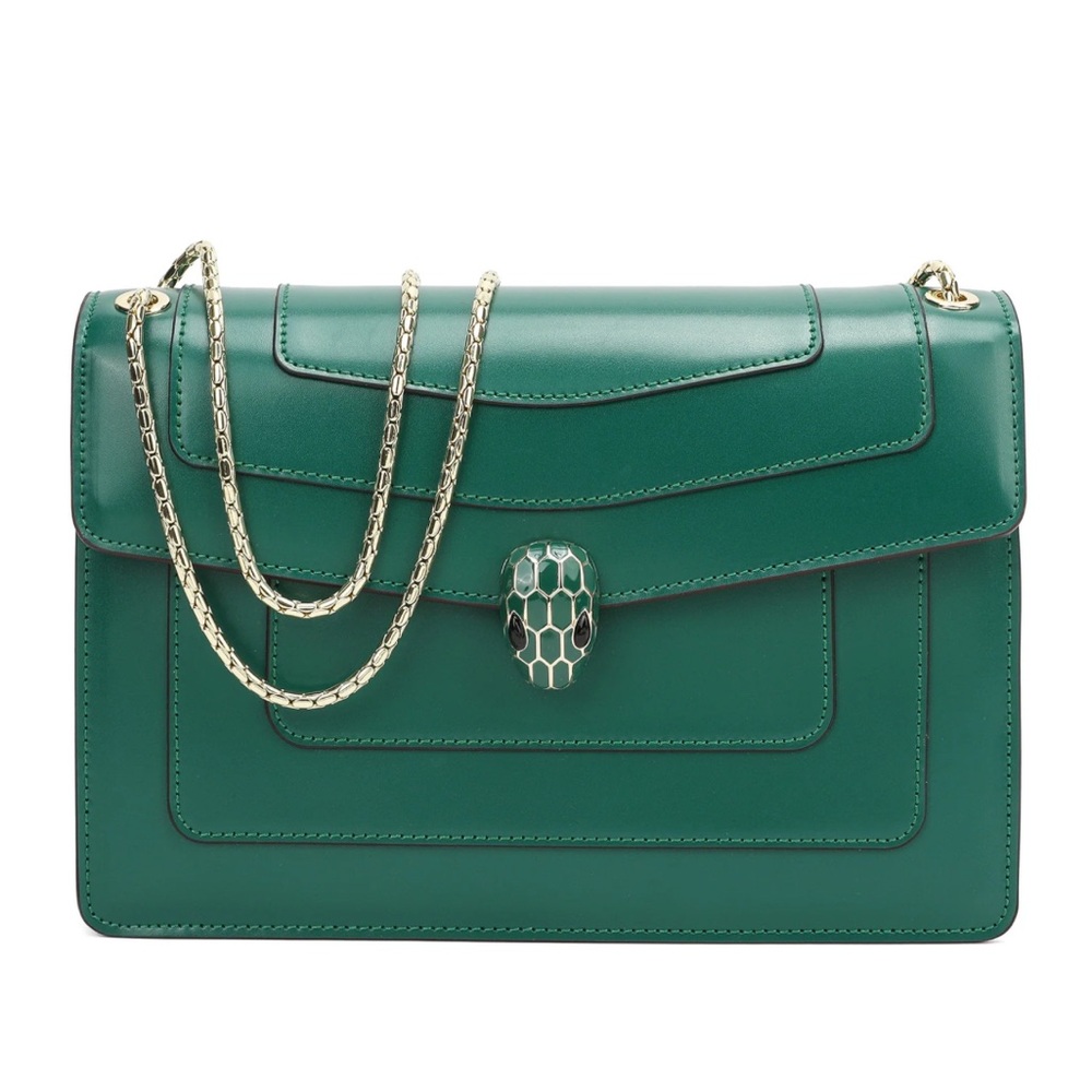 Tiffany & Fred Green Leather Shoulder Bag with Silver Chain
